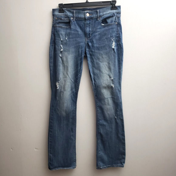 Express Denim - Express Barely Boot Jeans Womens 10 Distressed Blue Mid Rise Stretchy Flare